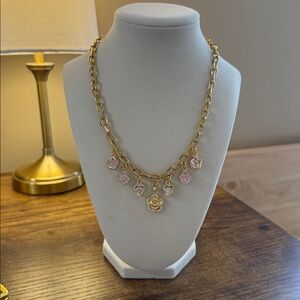 Gold Chunky Chain Charm Necklace Crystal Hearts Rose Floral Statement